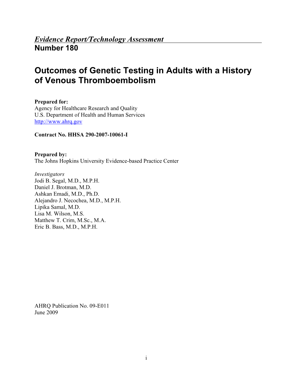 Outcomes of Genetic Testing in Adults with a History of Venous Thromboembolism