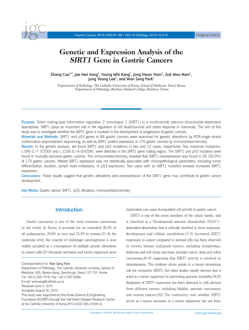 Genetic and Expression Analysis of the SIRT1 Gene in Gastric Cancers