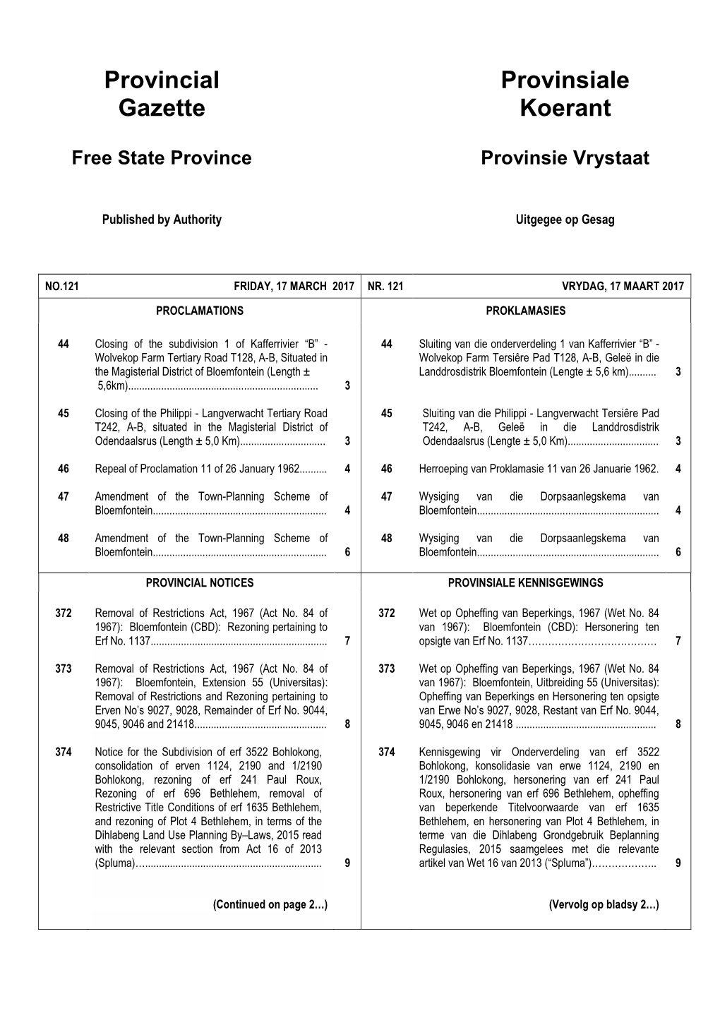 Free State Provincial Gazette 2017 No 121 Dated 17 March 2017