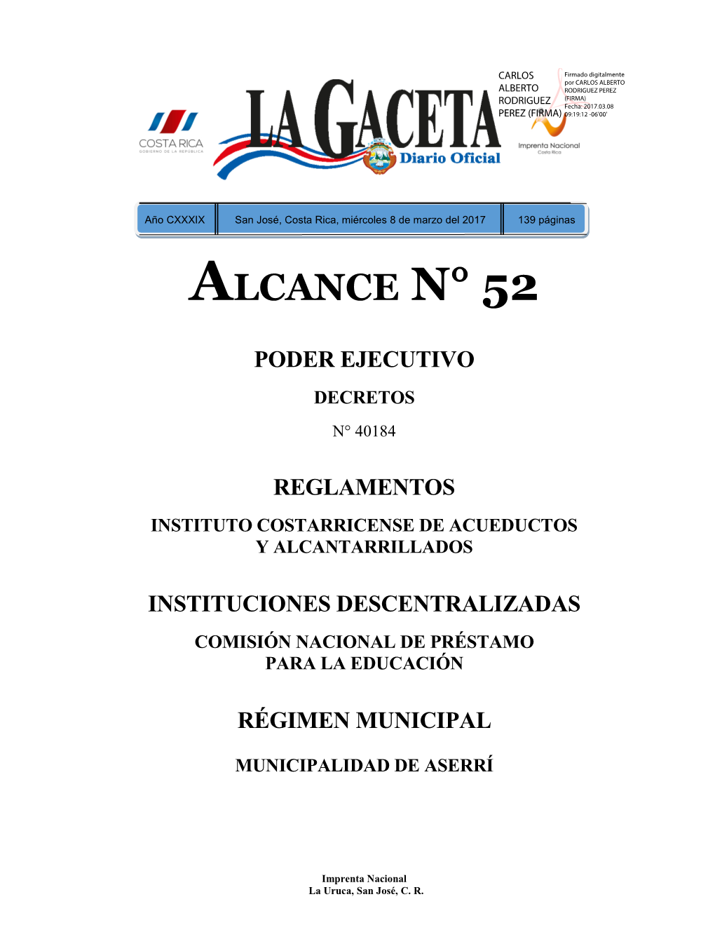 ALCANCE DIGITAL N° 52 a La Gaceta N° 48 De La Fecha 08 03 2017