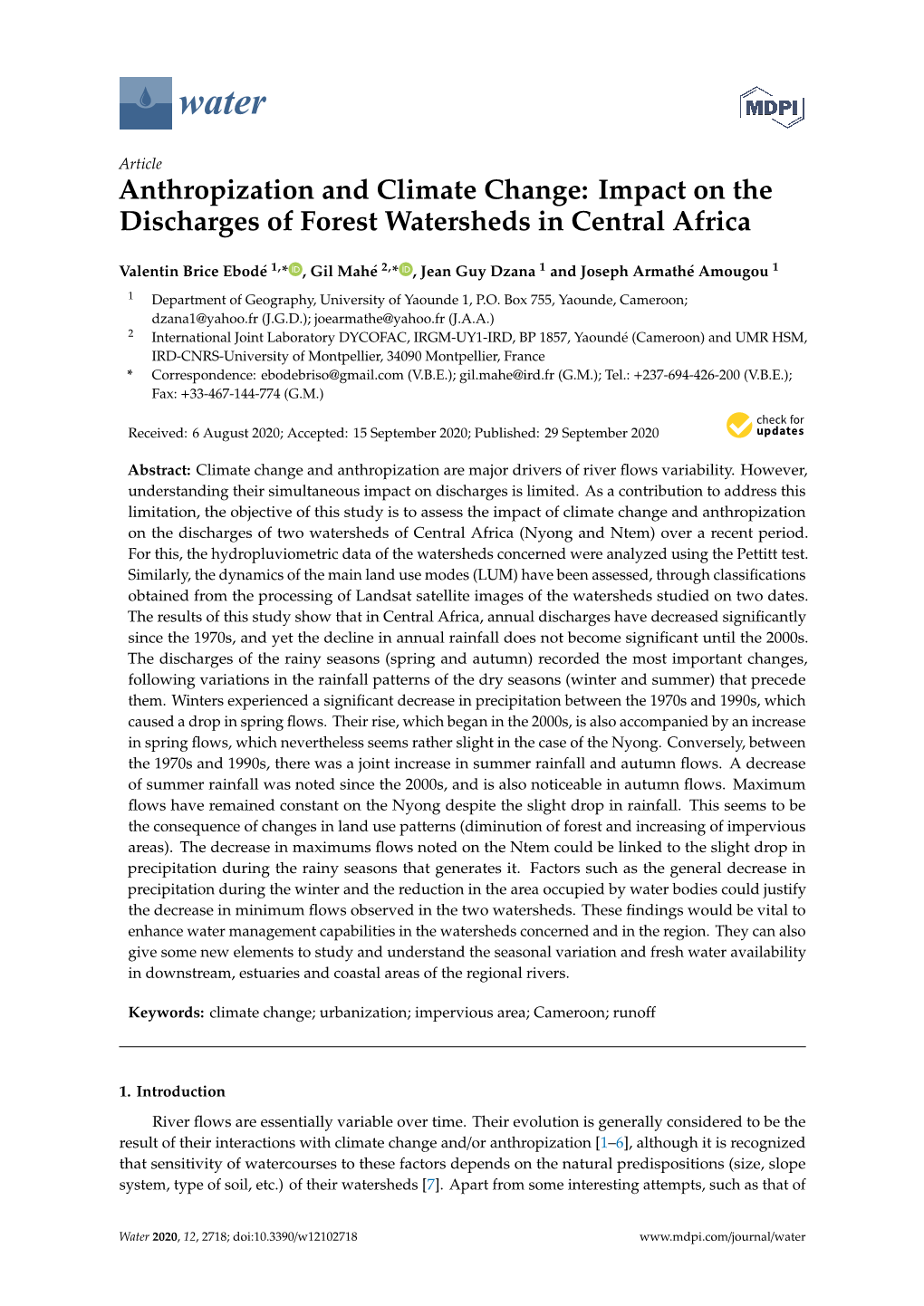 Anthropization and Climate Change: Impact on the Discharges of Forest Watersheds in Central Africa