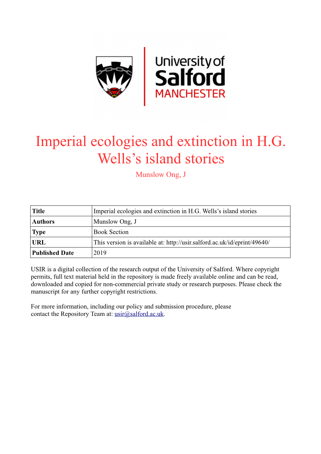 Imperial Ecologies and Extinction in H.G. Wells's Island Stories