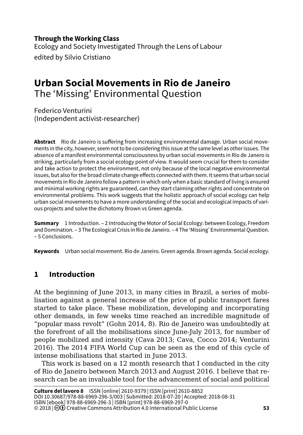 Urban Social Movements in Rio De Janeiro the 'Missing'