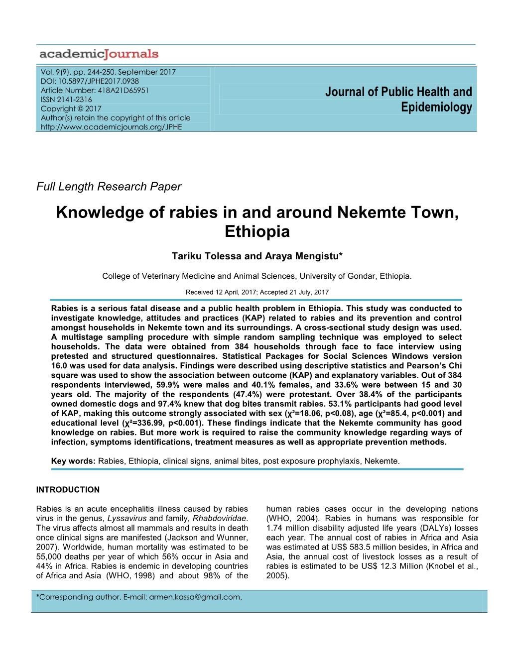 Knowledge of Rabies in and Around Nekemte Town, Ethiopia