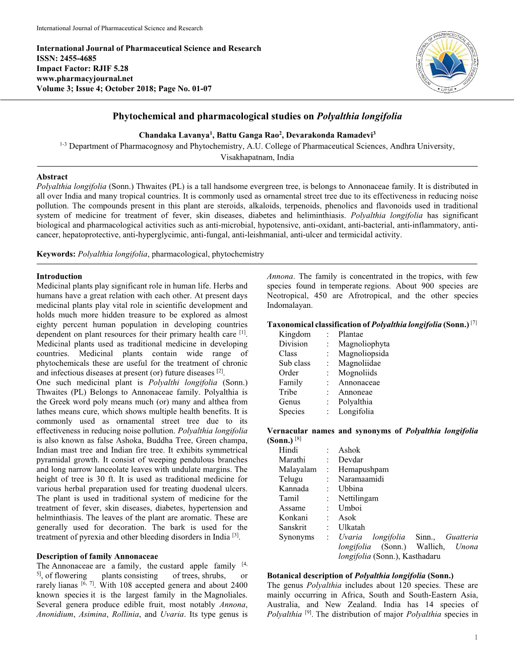 Phytochemical and Pharmacological Studies on Polyalthia Longifolia