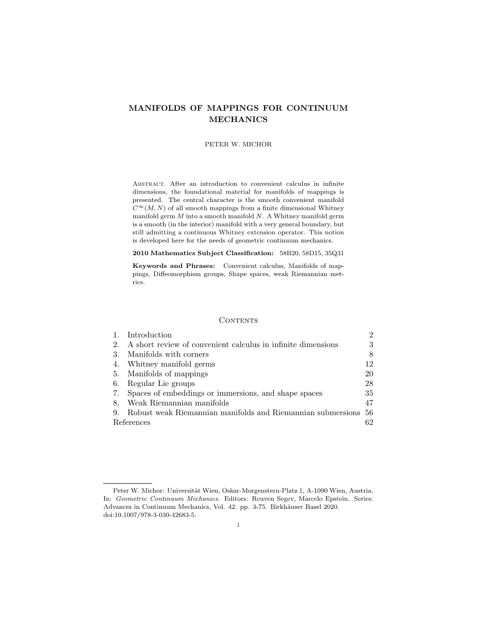 Manifolds of Mappings for Continuum Mechanics