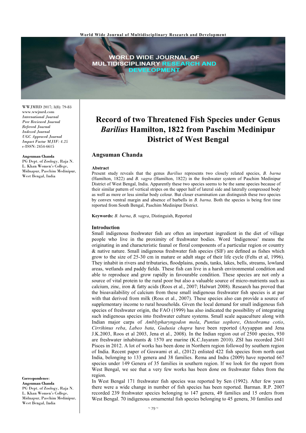 Record of Two Threatened Fish Species Under Genus Barilius