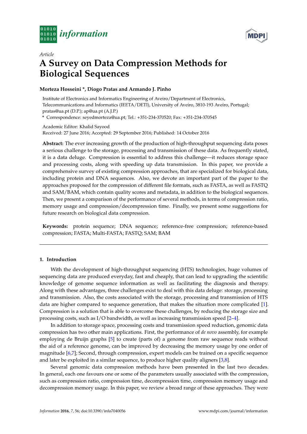 A Survey on Data Compression Methods for Biological Sequences