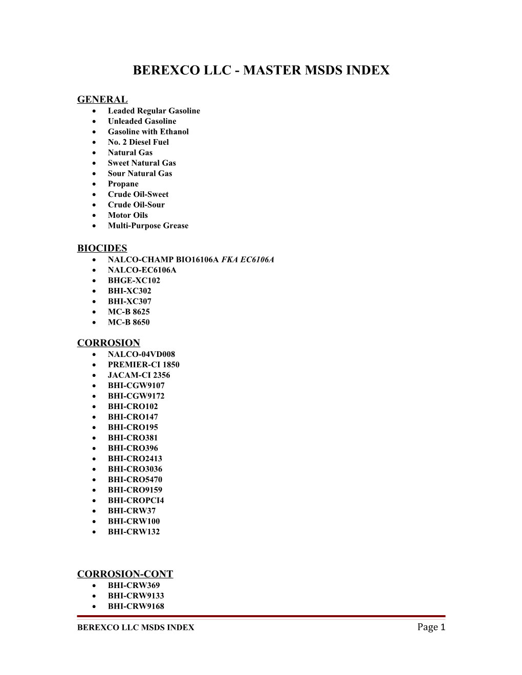 Berexco Llc - Master Msds Index