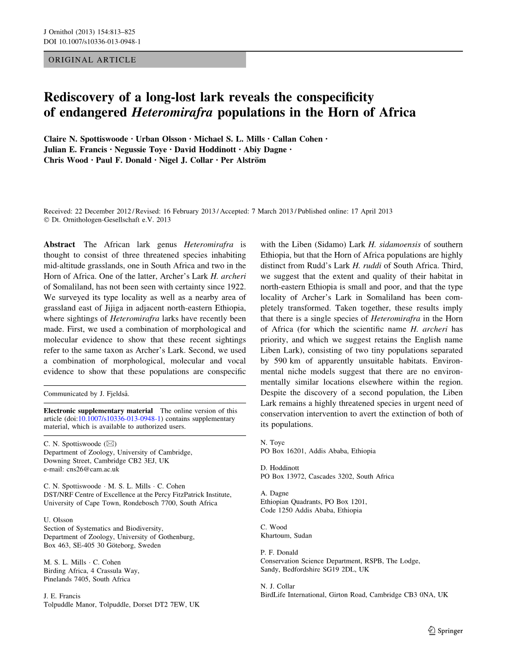 Rediscovery of a Long-Lost Lark Reveals the Conspecificity of Endangered