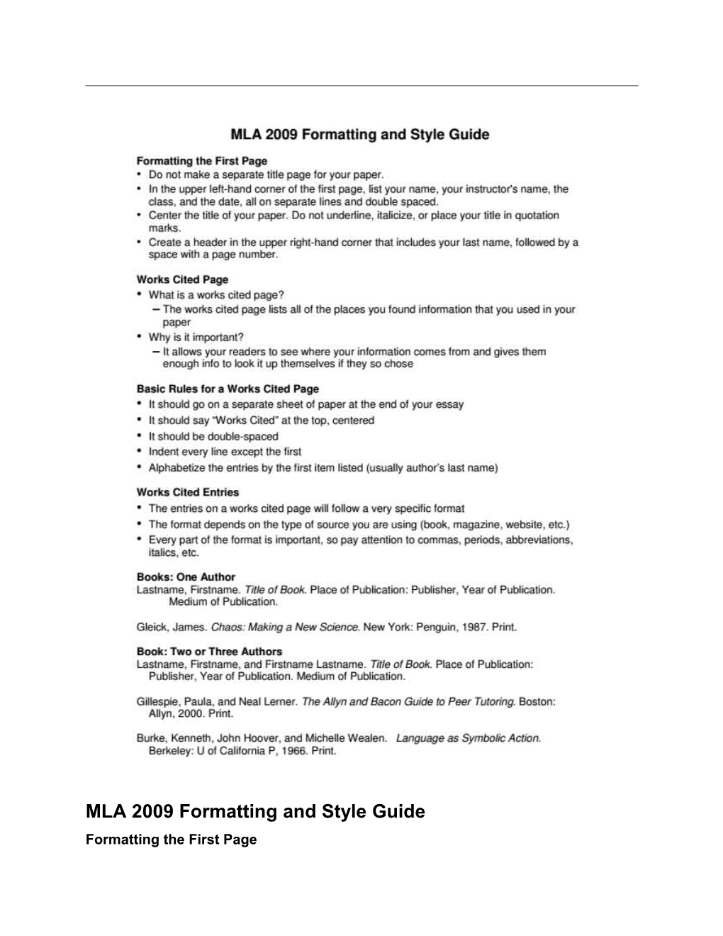 MLA 2009 Formatting and Style Guide