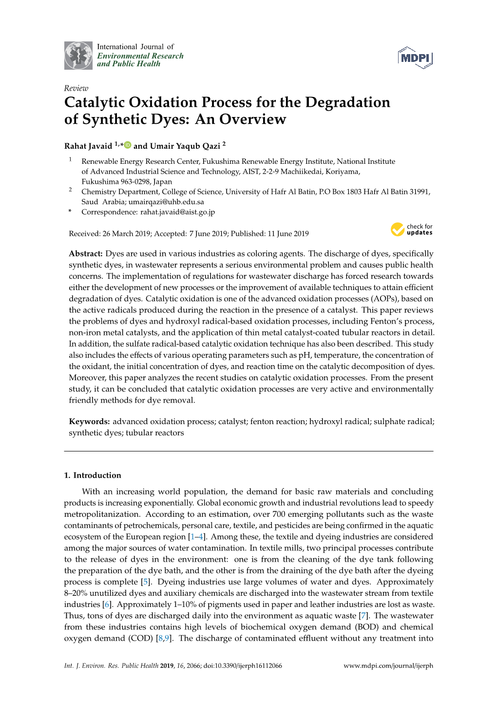 Catalytic Oxidation Process for the Degradation of Synthetic Dyes: an Overview