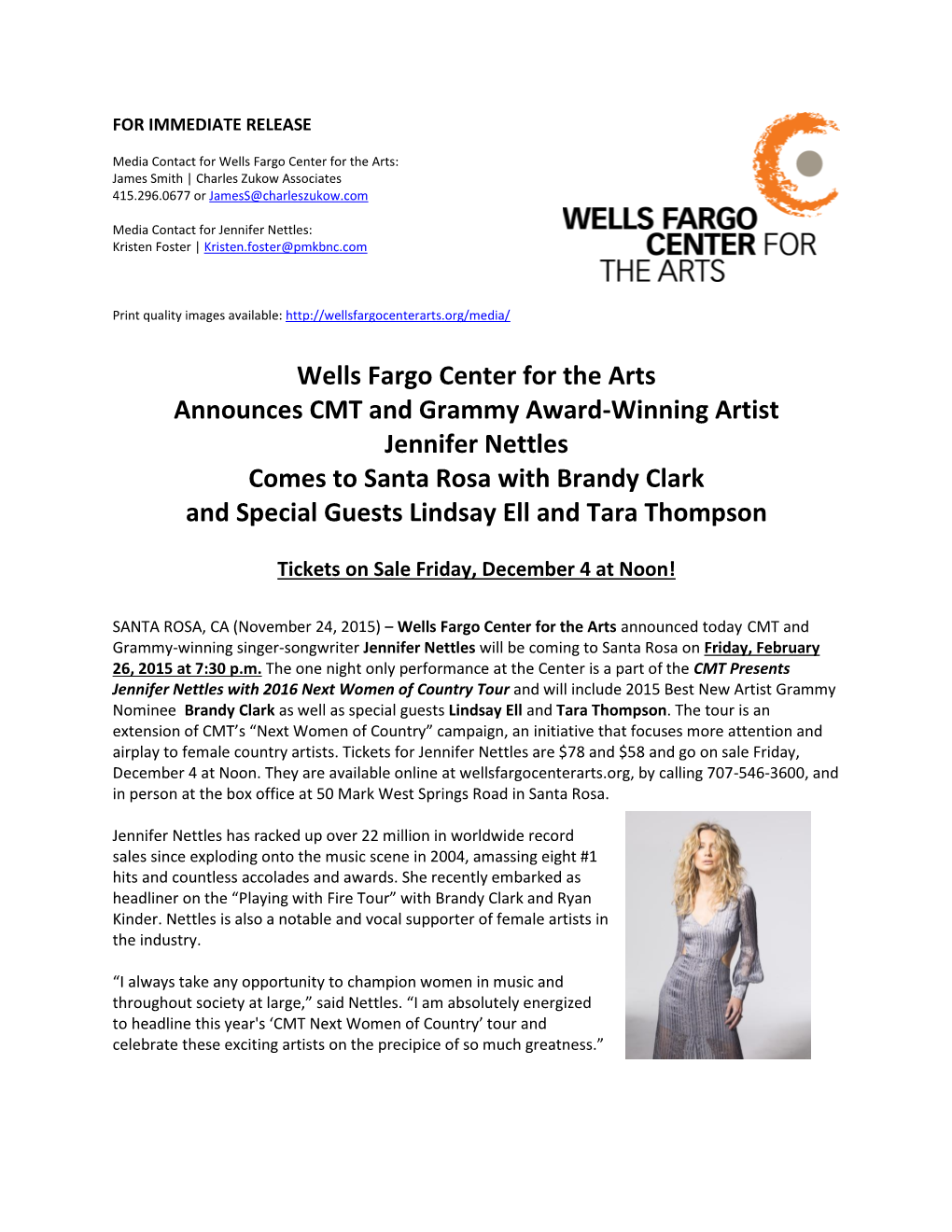 Wells Fargo Center for the Arts Announces CMT and Grammy Award-Winning Artist Jennifer Nettles Comes to Santa Rosa with Brandy