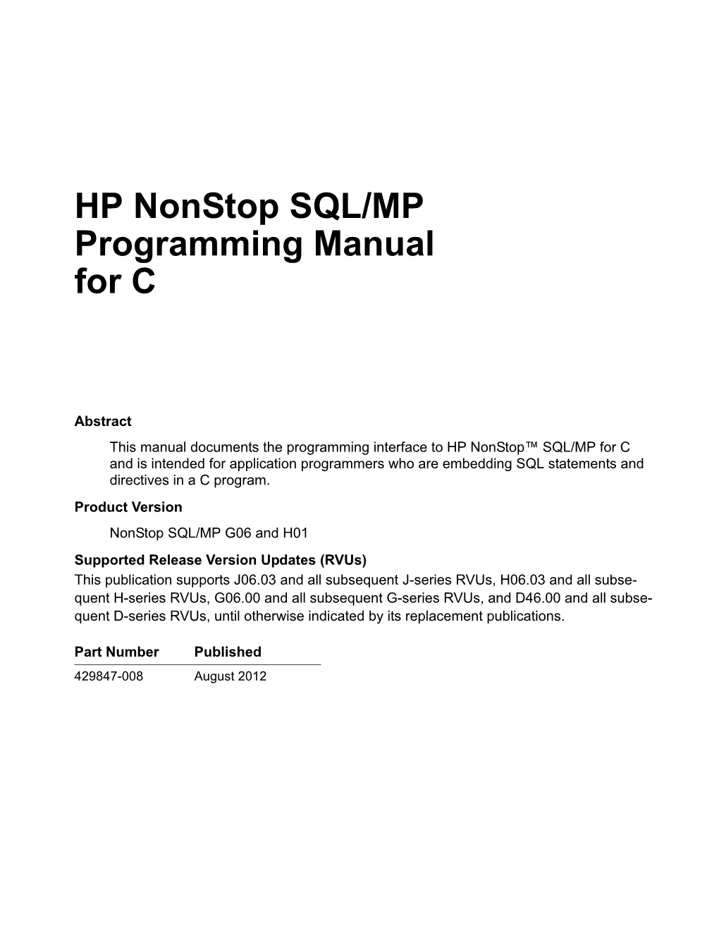 HP Nonstop SQL/MP Programming Manual for C