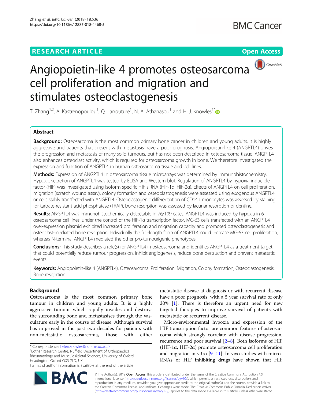 Angiopoietin-Like 4 Promotes Osteosarcoma Cell Proliferation and Migration and Stimulates Osteoclastogenesis T