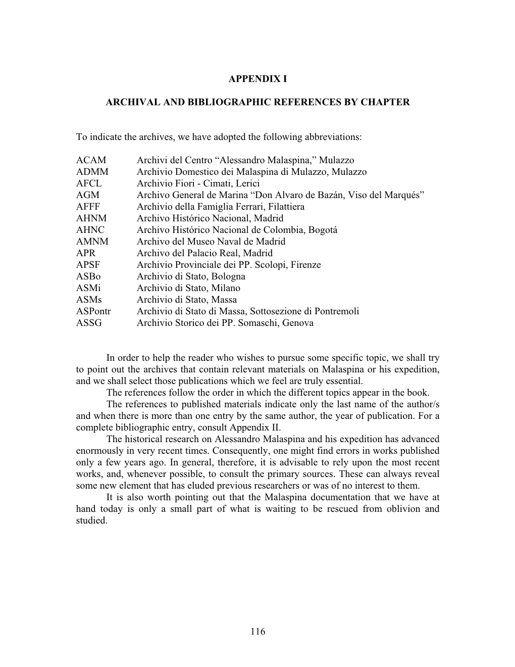 Appendix I: Archival and Bibliographical References by Chapter