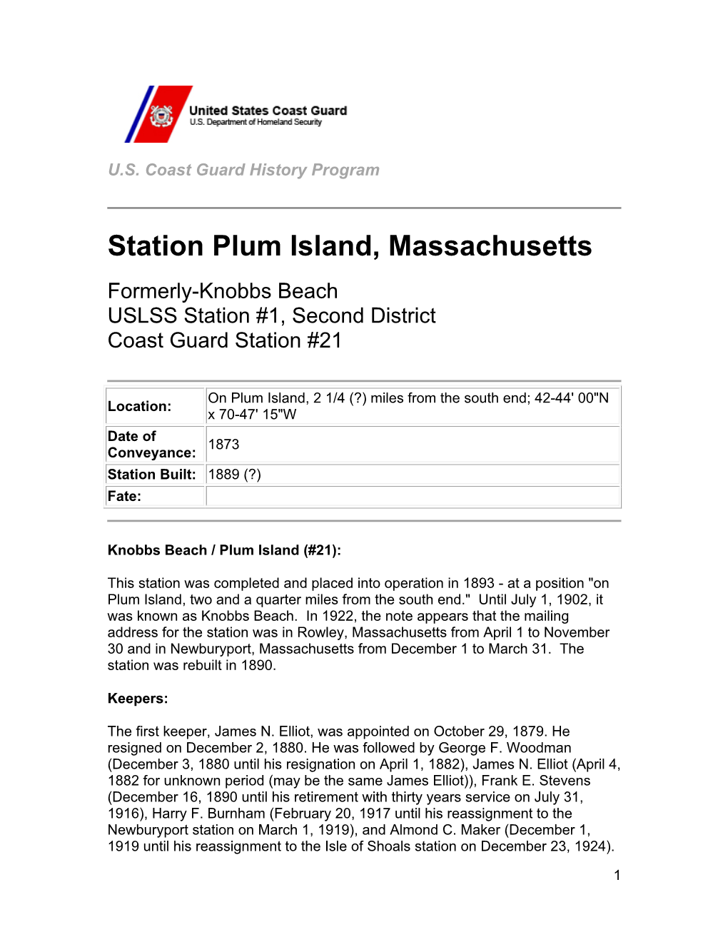 Station Plum Island, Massachusetts Formerly-Knobbs Beach USLSS Station #1, Second District Coast Guard Station #21