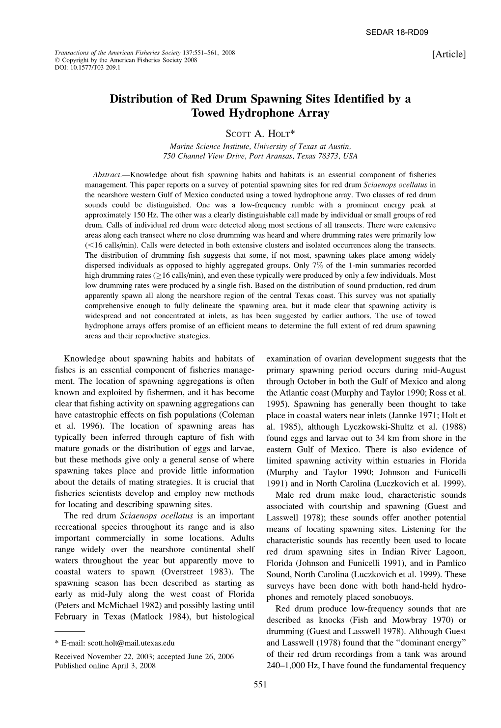 Distribution of Red Drum Spawning Sites Identified by a Towed Hydrophone Array