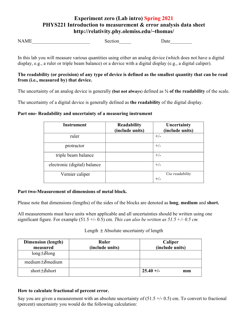 Experiment Zero (Lab Intro) Spring 2021 PHYS221 Introduction to Measurement & Error Analysis Data Sheet