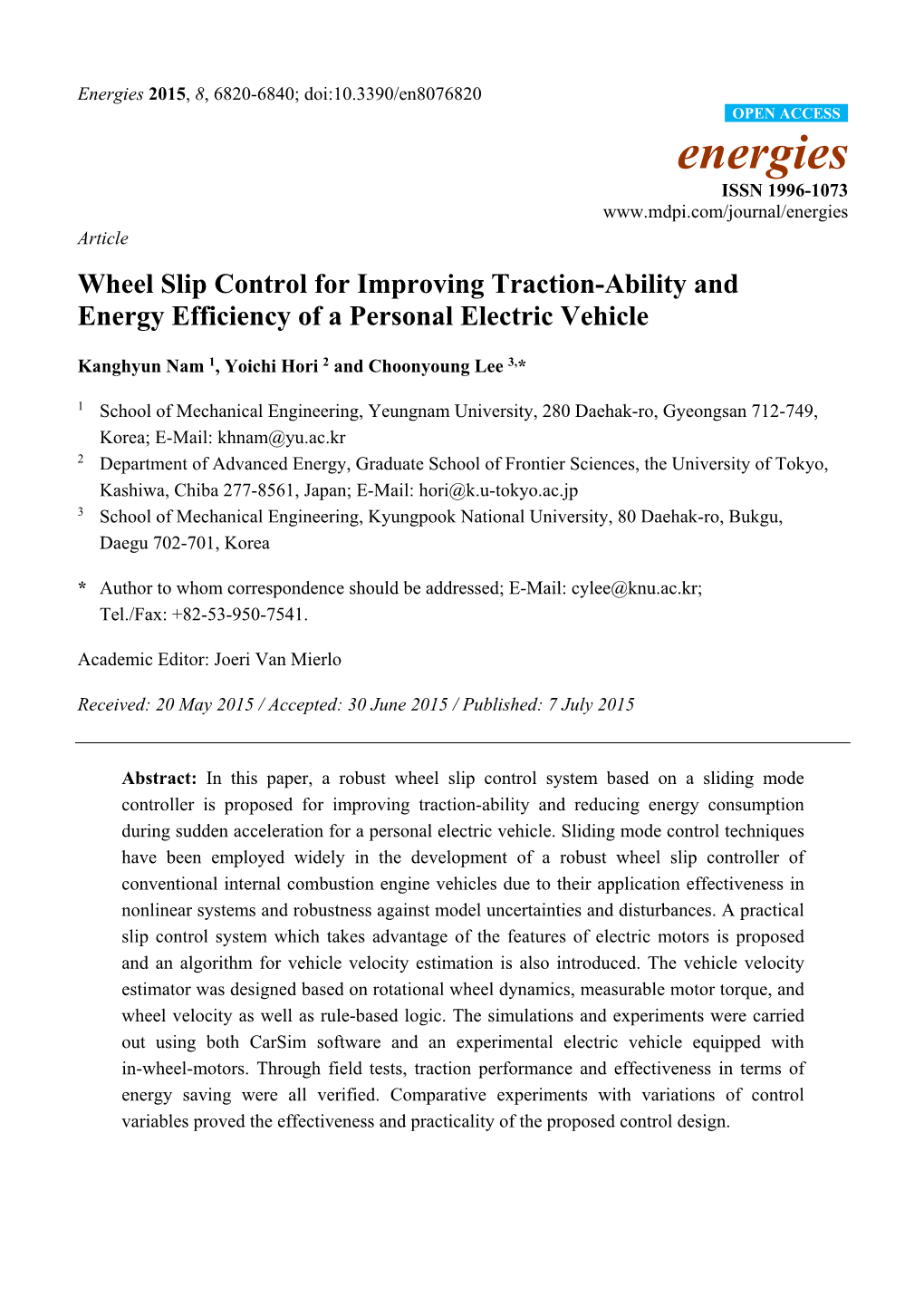 Wheel Slip Control for Improving Traction-Ability and Energy Efficiency of a Personal Electric Vehicle