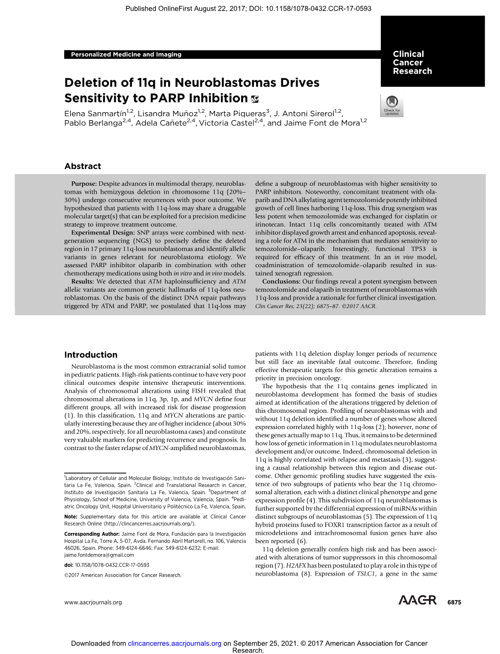 Deletion of 11Q in Neuroblastomas Drives Sensitivity to PARP Inhibition Elena Sanmartín1,2, Lisandra Munoz~ 1,2, Marta Piqueras3, J