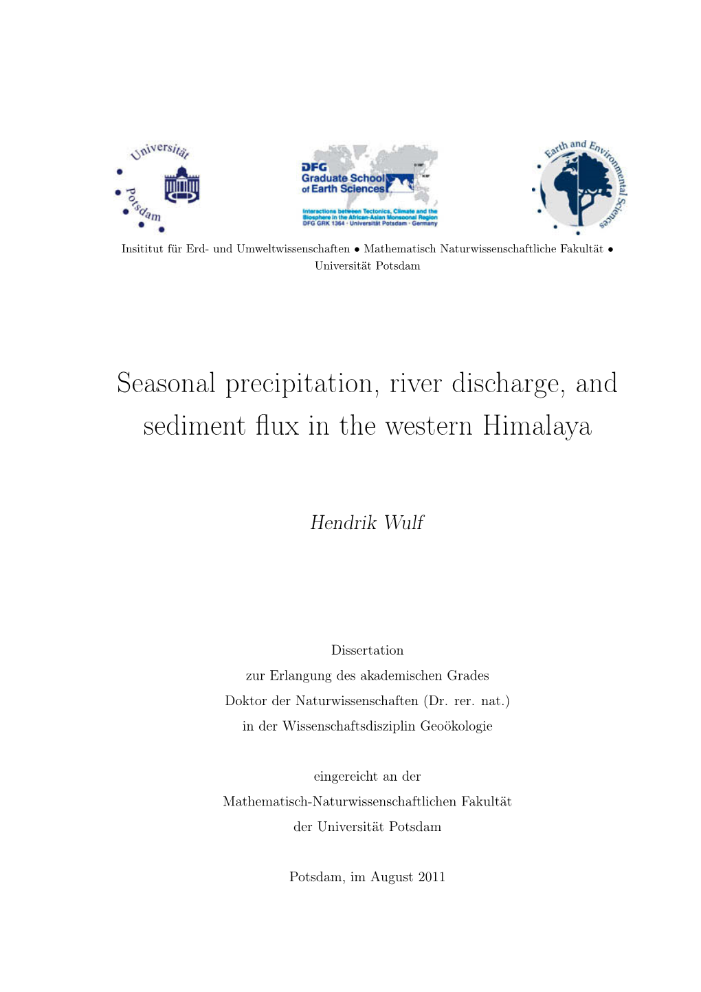 Seasonal Precipitation, River Discharge, and Sediment Flux in the Western