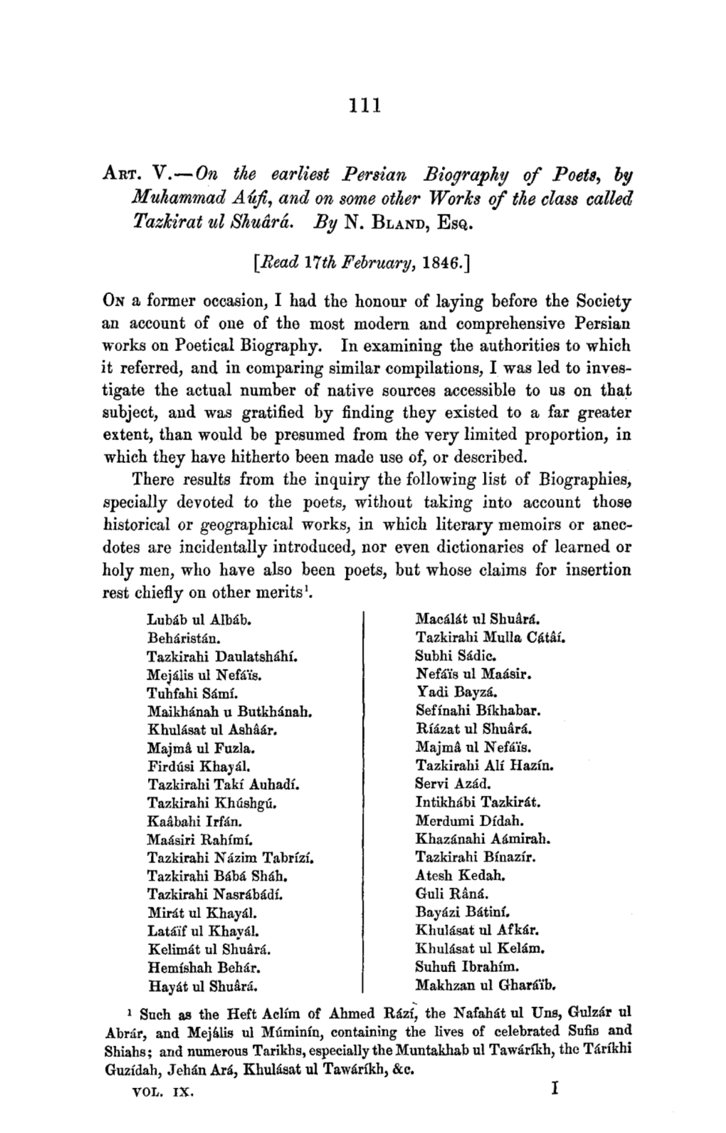 ART. V.—On the Earliest Persian Biography of Poets, by Muhammad Aufi, and on Some Other Works of the Class Called Tazmrat Ul Shuara