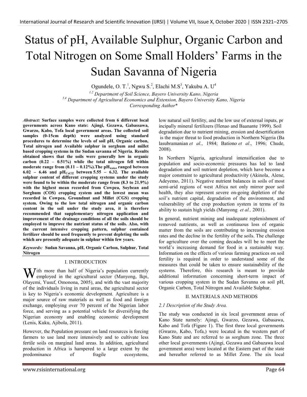 Status of Ph, Available Sulphur, Organic Carbon and Total Nitrogen on Some Small Holders’ Farms in the Sudan Savanna of Nigeria