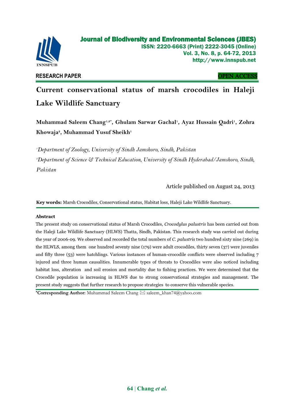 Current Conservational Status of Marsh Crocodiles in Haleji Lake Wildlife Sanctuary