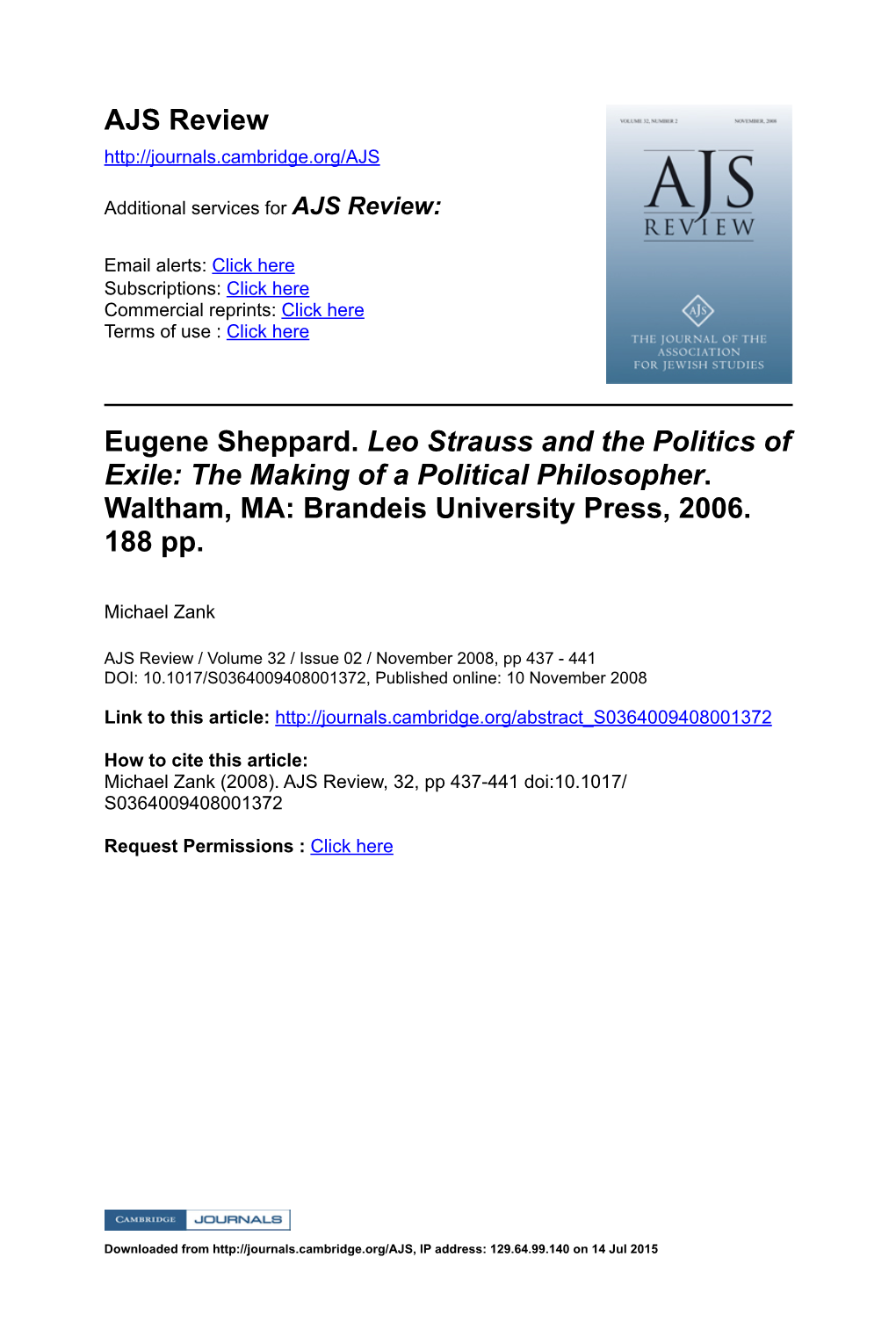 Leo Strauss and the Politics of Exile: the Making of a Political Philosopher