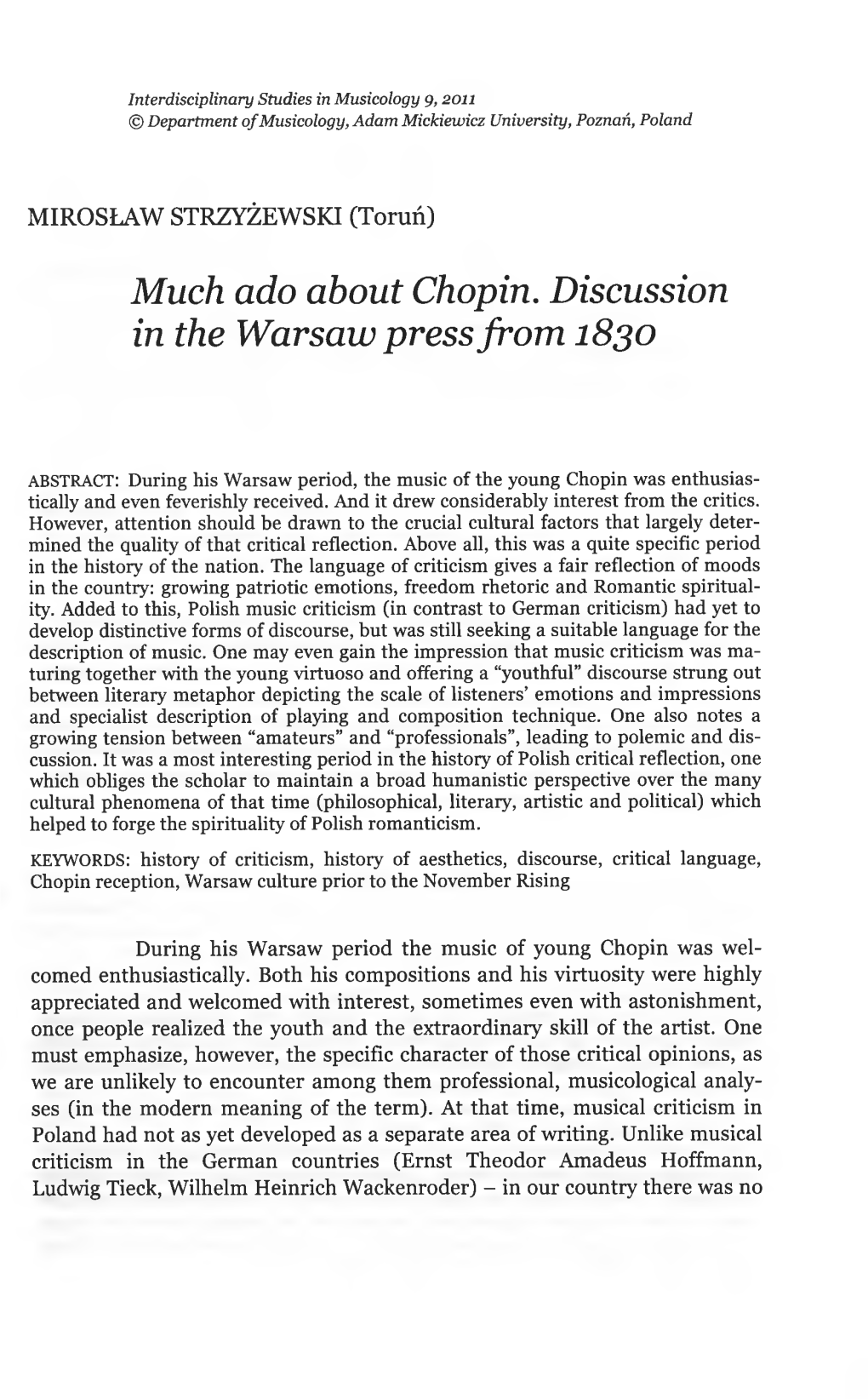 Much Ado About Chopin. Discussion in the Warsaw Press from 1830