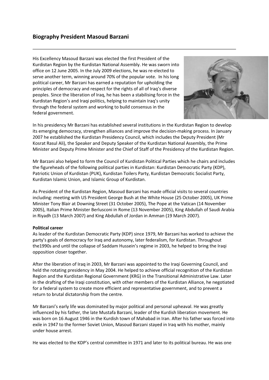 Biography President Masoud Barzani