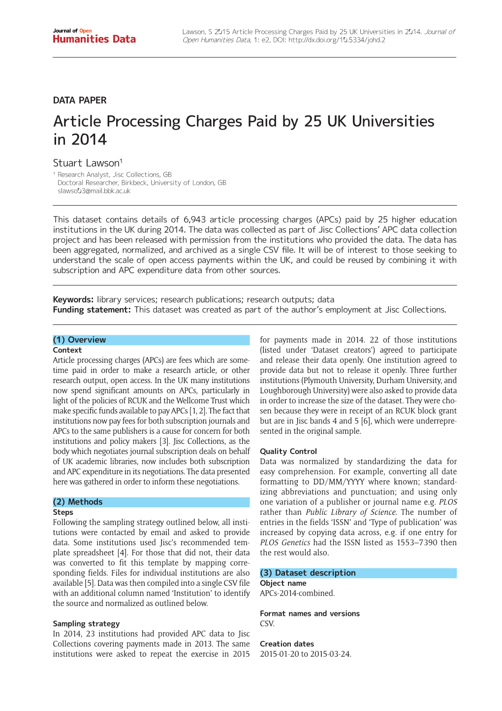 Article Processing Charges Paid by 25 UK Universities in 2014