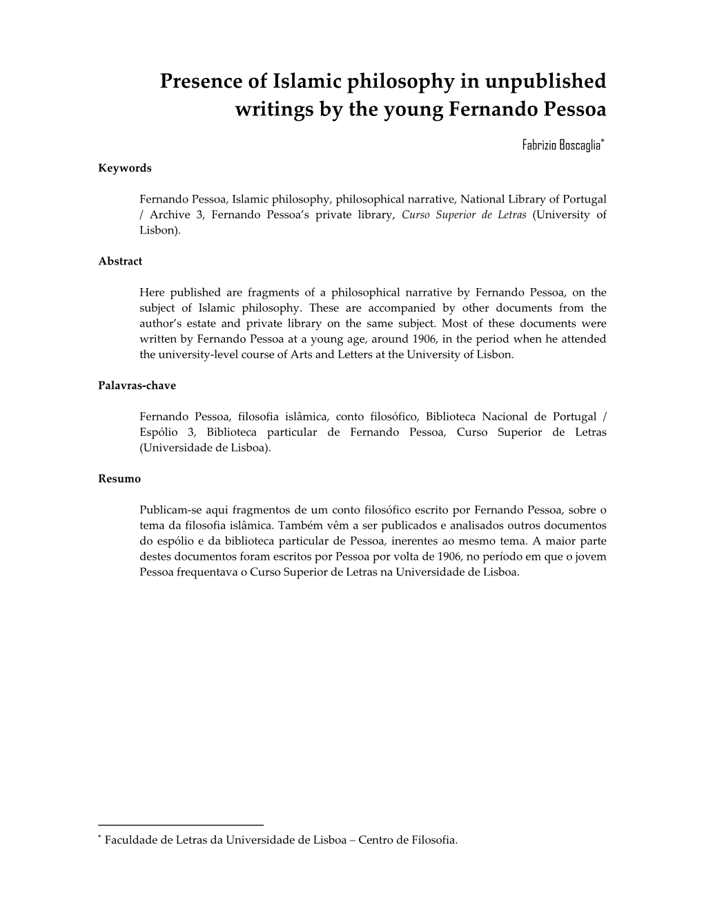 Presence of Islamic Philosophy in Unpublished Writings by the Young Fernando Pessoa