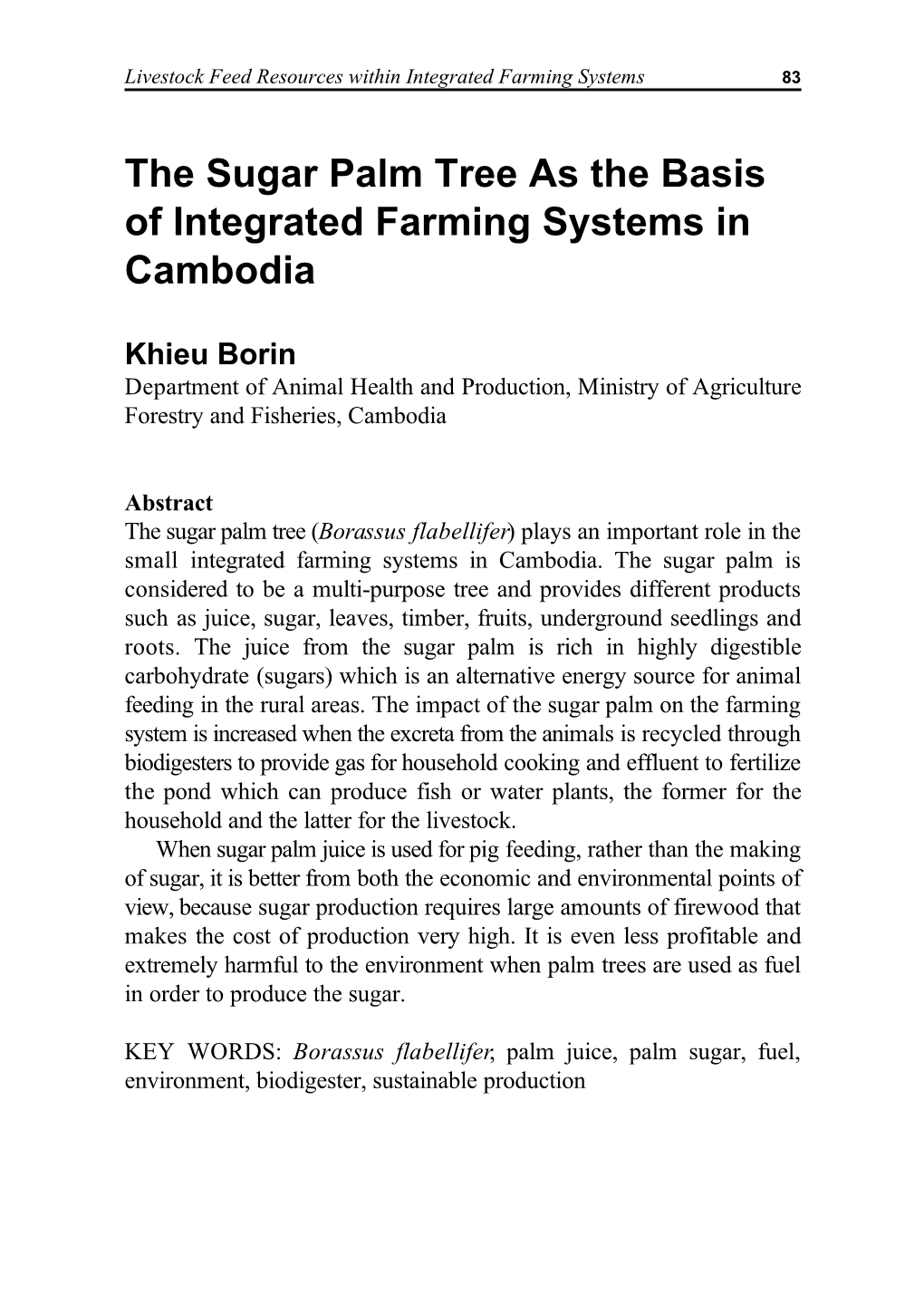 The Sugar Palm Tree As the Basis of Integrated Farming Systems in Cambodia