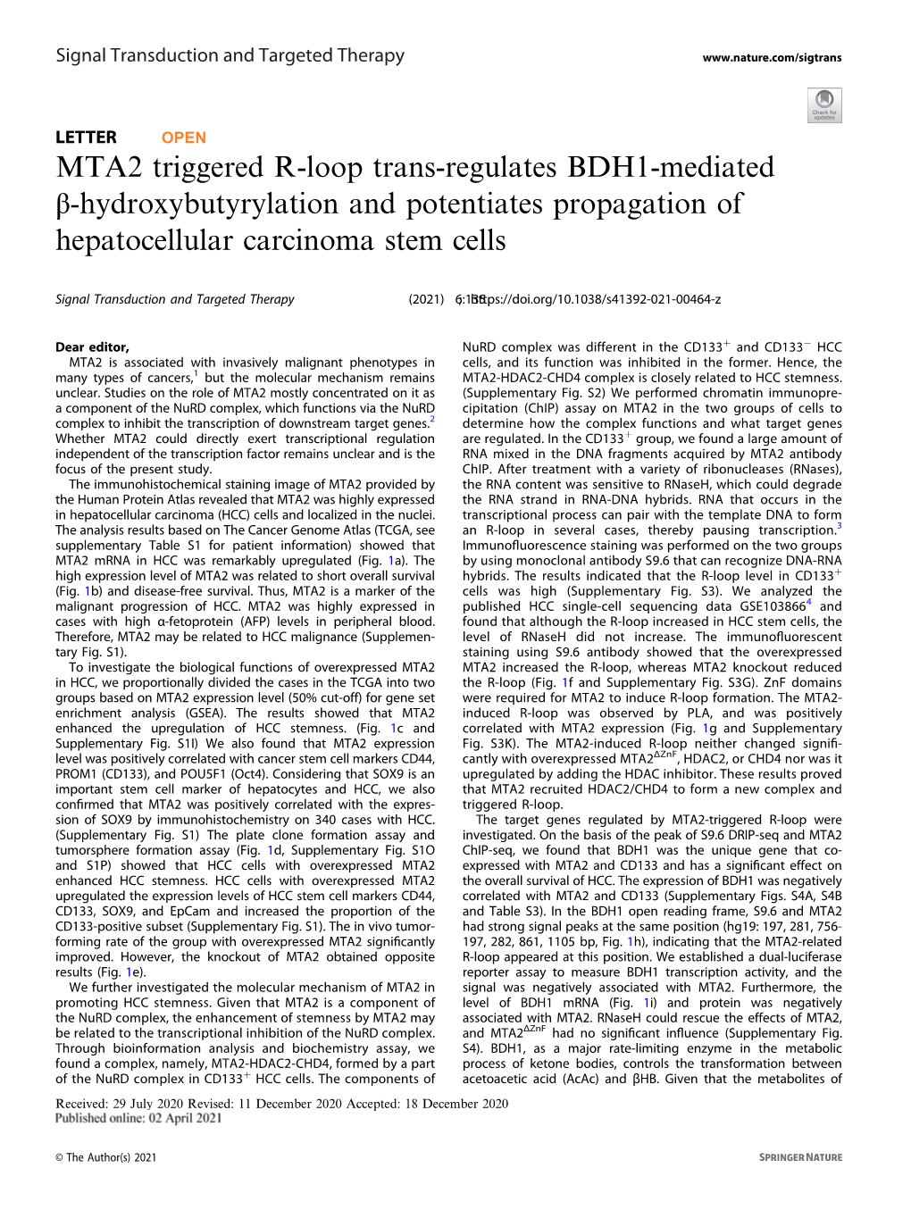 MTA2 Triggered R-Loop Trans-Regulates BDH1-Mediated Β-Hydroxybutyrylation and Potentiates Propagation of Hepatocellular Carcinoma Stem Cells