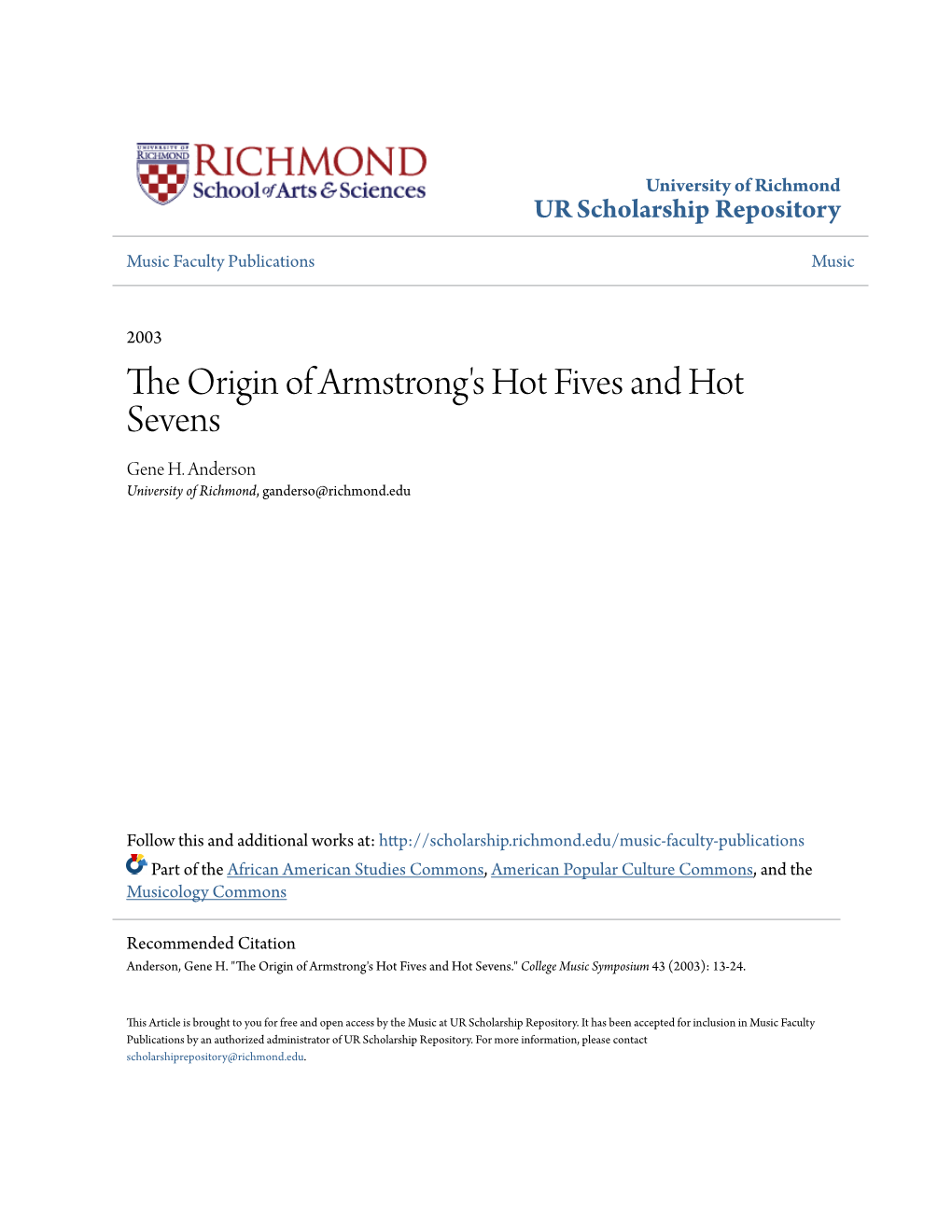 The Origin of Armstrong's Hot Fives and Hot Sevens Gene H