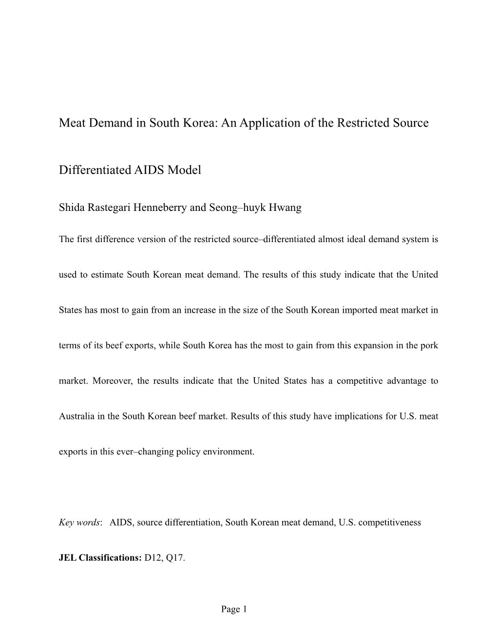 An Analysis of Meat Import Demand in South Korea