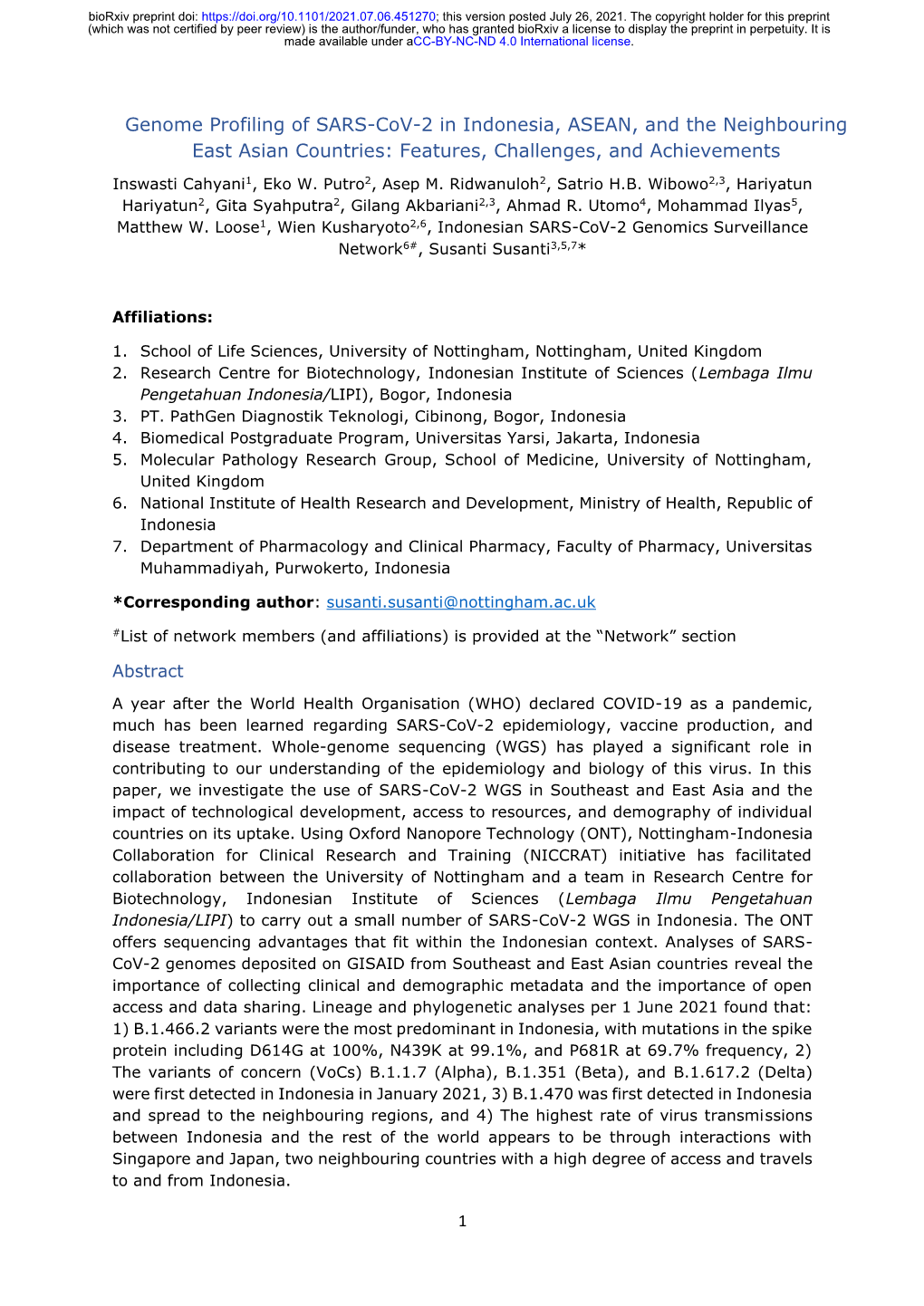 Genome Profiling of SARS-Cov-2 in Indonesia, ASEAN and the Neighbouring East Asian Countries