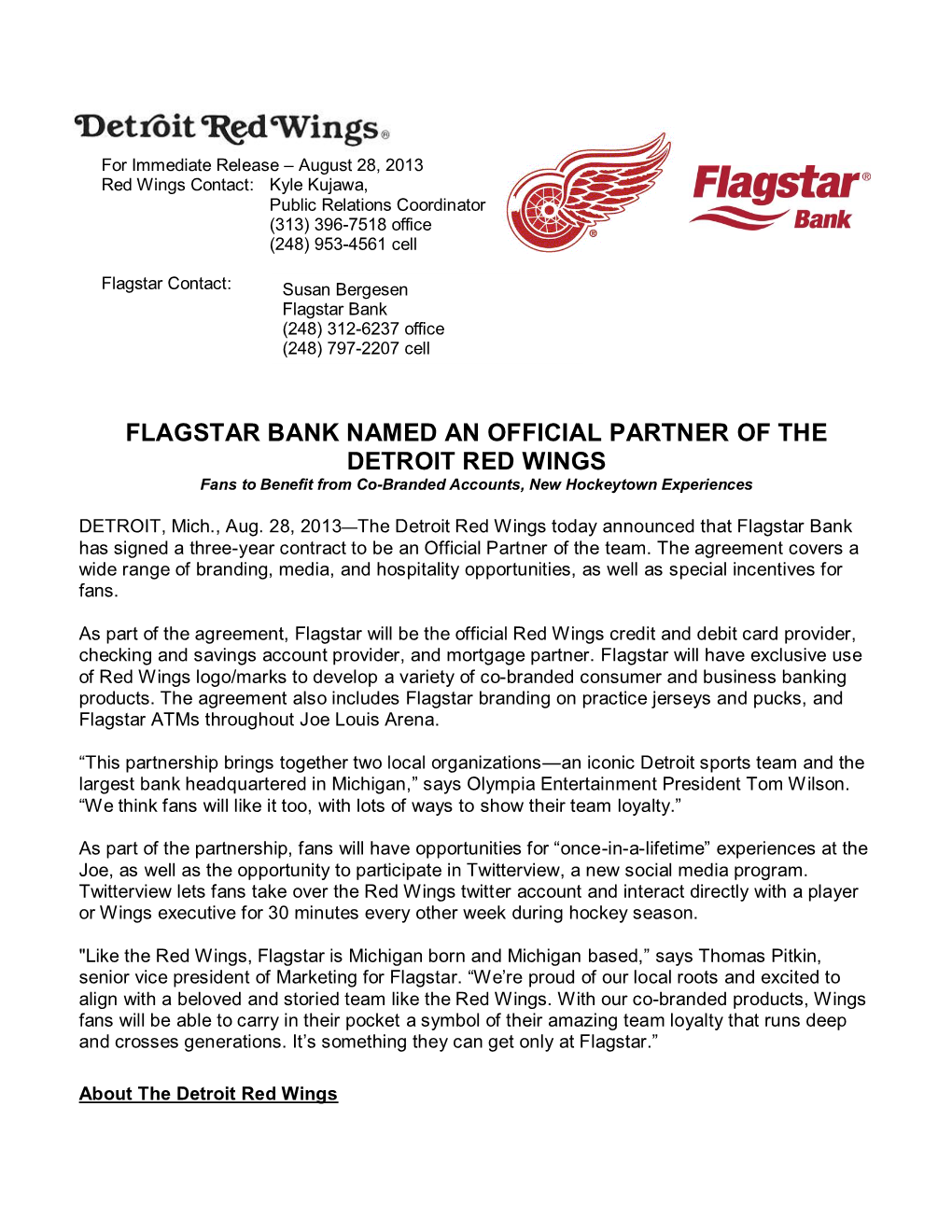 FLAGSTAR BANK NAMED an OFFICIAL PARTNER of the DETROIT RED WINGS Fans to Benefit from Co-Branded Accounts, New Hockeytown Experiences