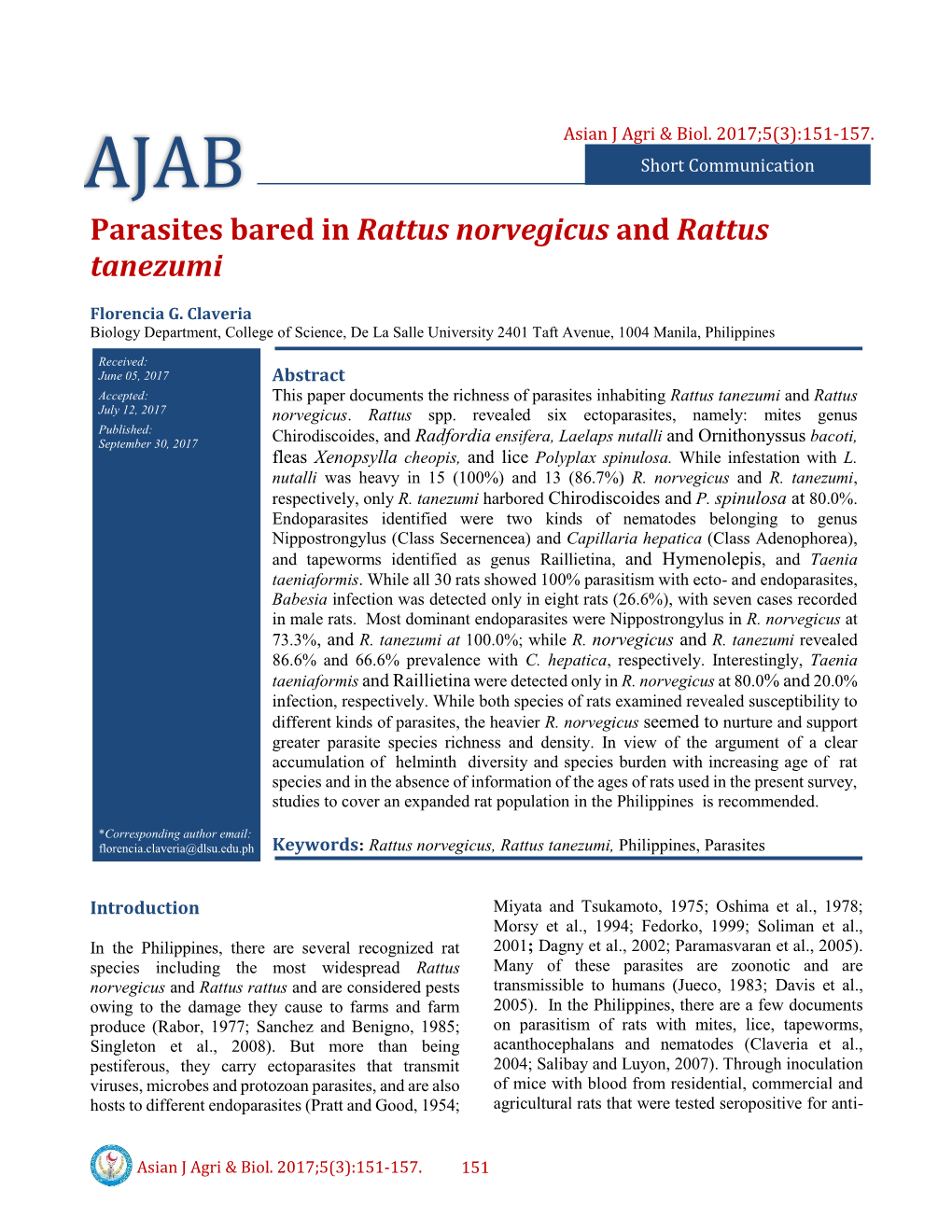 Parasites Bared in Rattus Norvegicus and Rattus Tanezumi