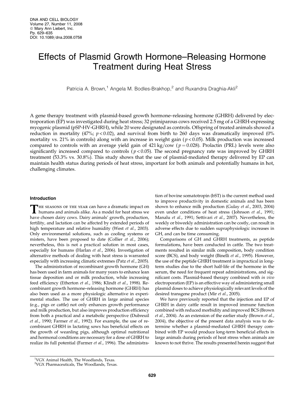 Effects of Plasmid Growth Hormone–Releasing Hormone Treatment During Heat Stress