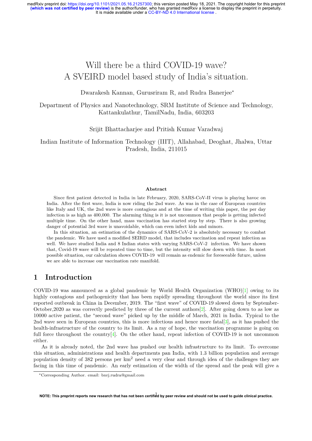 Will There Be a Third COVID-19 Wave? a SVEIRD Model Based Study of India's Situation