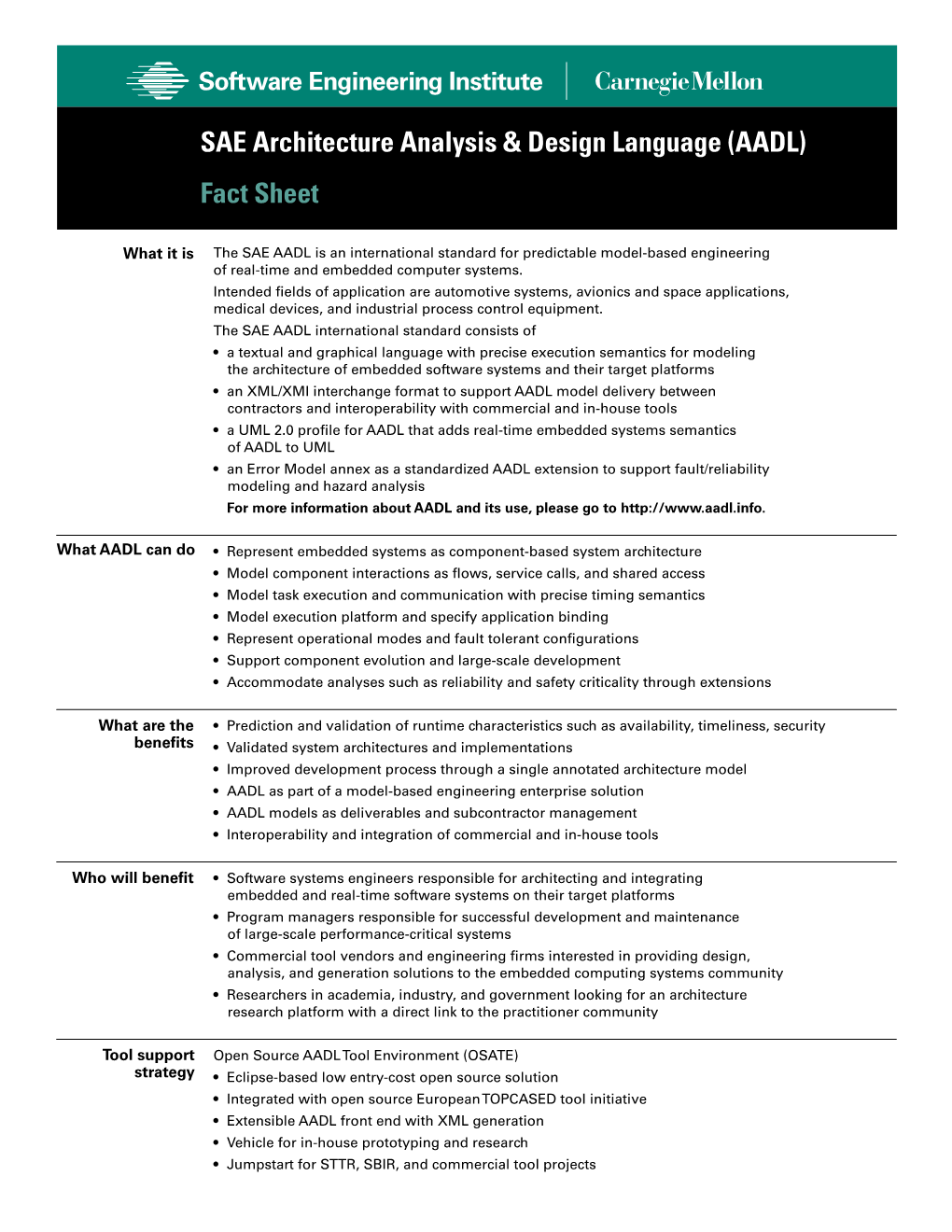 SAE Architecture Analysis and Design Language Fact Sheet