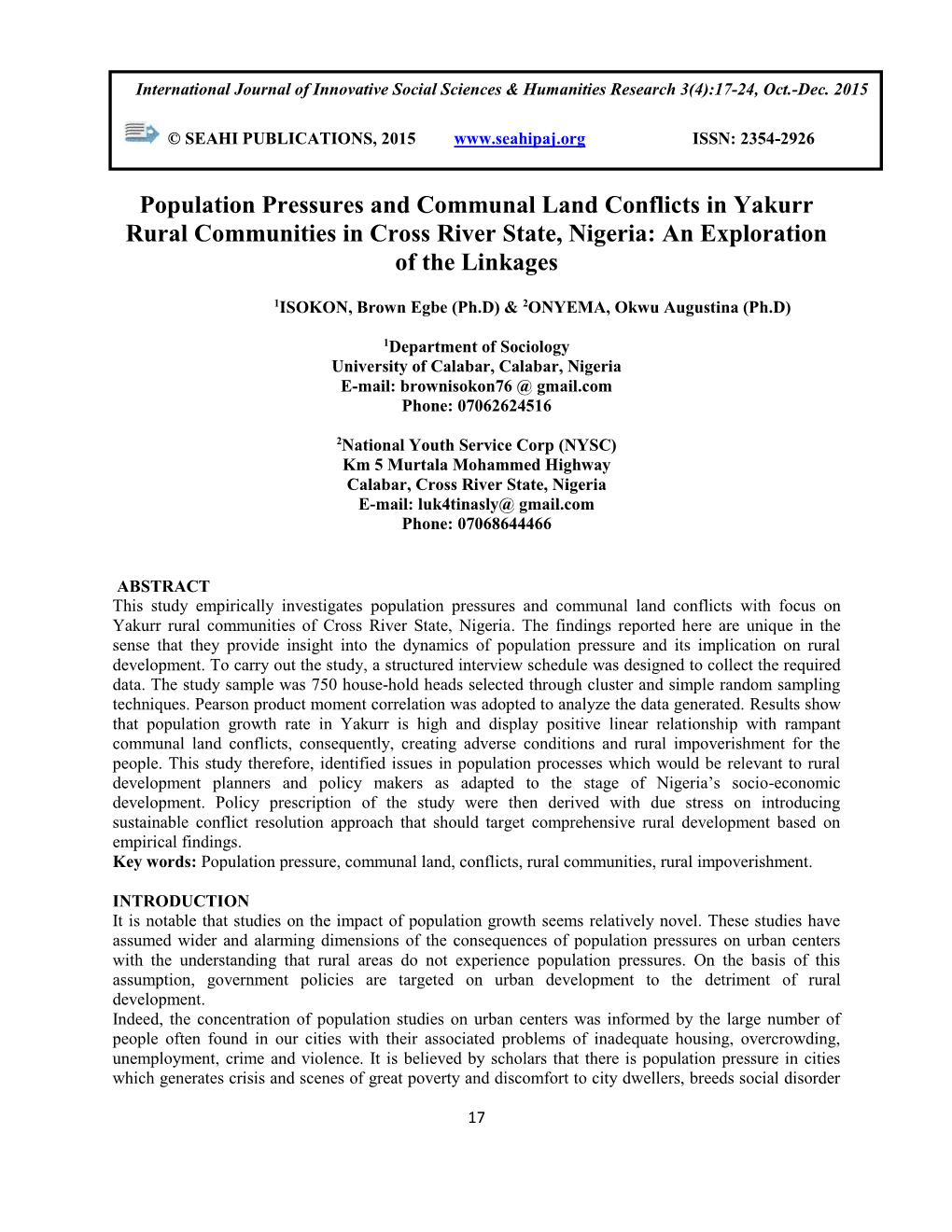 Population Pressures and Communal Land Conflicts in Yakurr Rural Communities in Cross River State, Nigeria: an Exploration of the Linkages