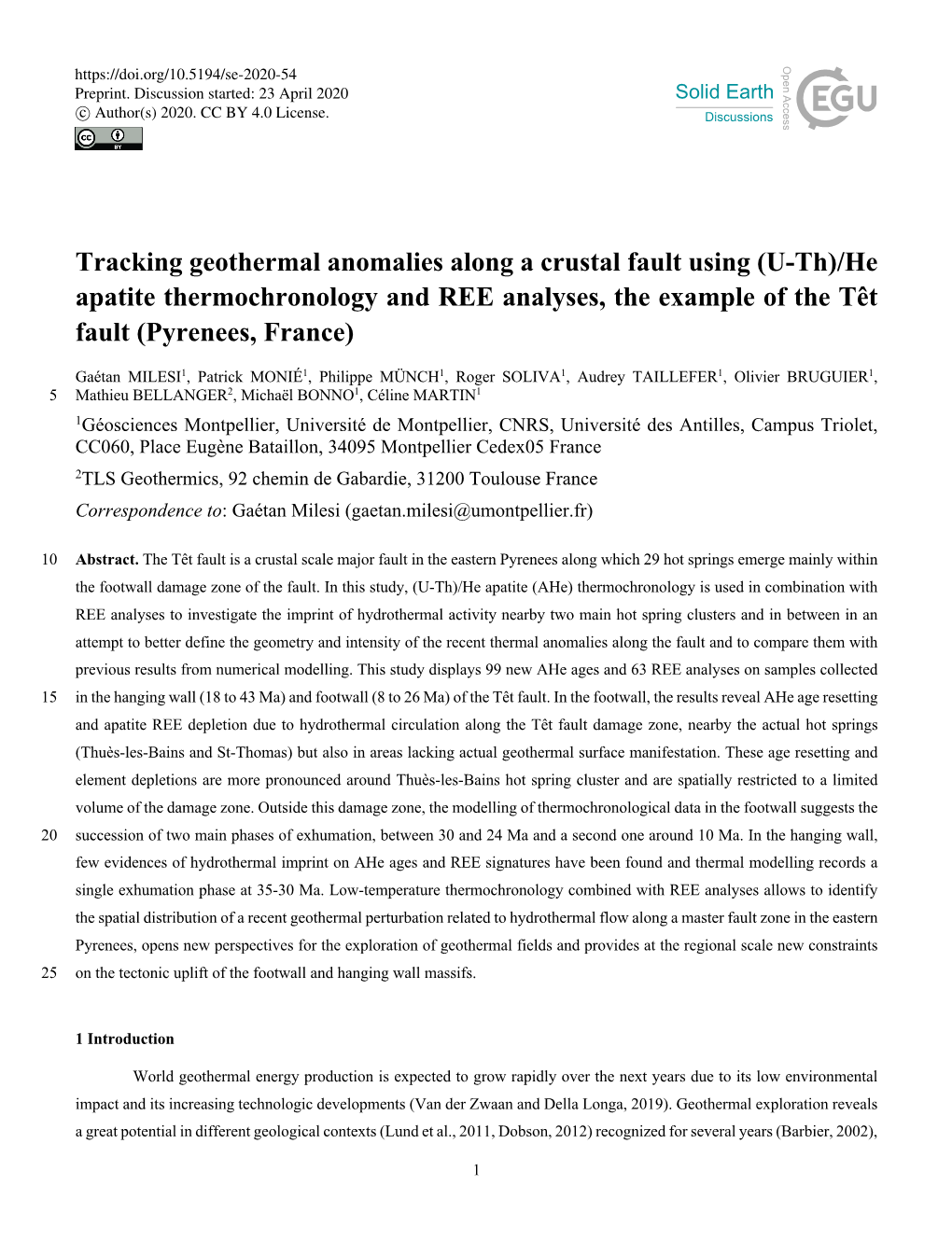 Tracking Geothermal Anomalies Along a Crustal Fault Using (U-Th)/He Apatite Thermochronology and REE Analyses, the Example of the Têt Fault (Pyrenees, France)