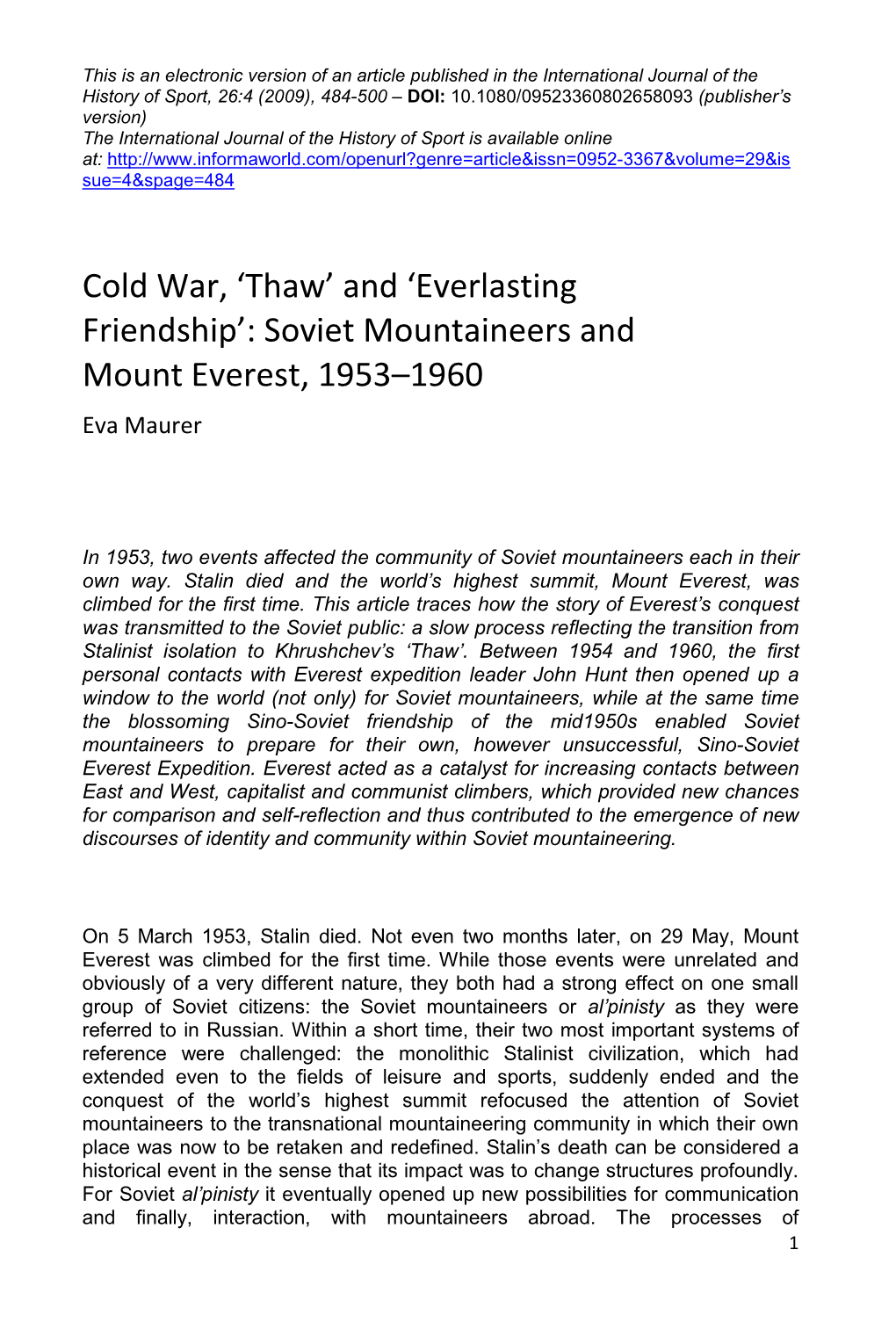 Soviet Mountaineers and Mount Everest, 1953–1960 Eva Maurer