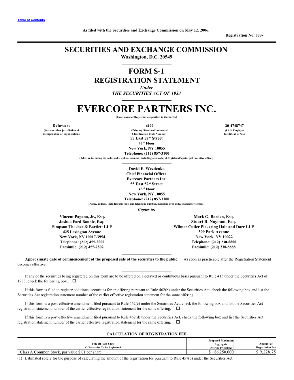 EVERCORE PARTNERS INC. (Exact Name of Registrant As Specified in Its Charter)