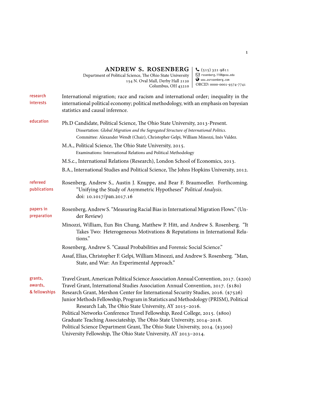 Andrew S. Rosenberg  (515) 321-9811 Department of Political Science, the Ohio State University  Rosenberg.1108@Osu.Edu 154 N