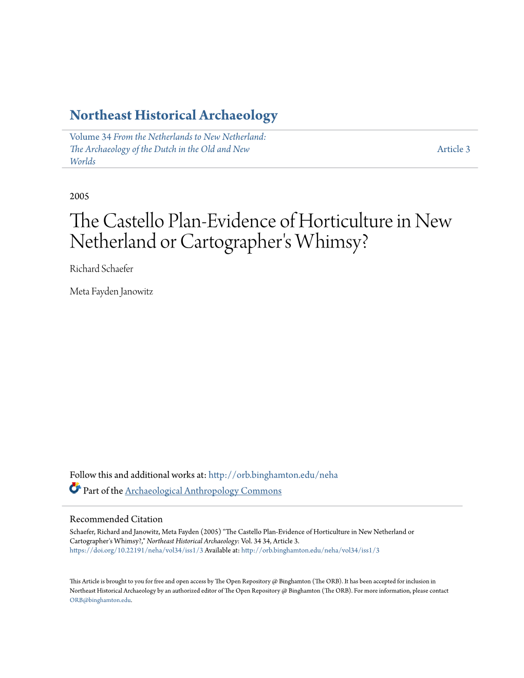 The Castello Plan-Evidence of Horticulture in New Netherland Or